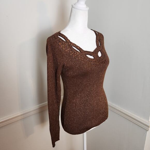 Once Again Sweater Sz Small Women Metallic Gold Brown Ribbed Sequin Fairy Grunge - Picture 4 of 12